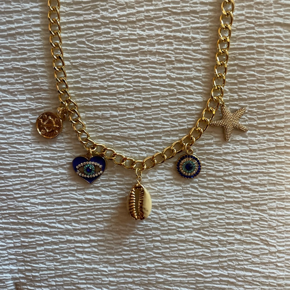 Chunky charm necklace blue beachy boho